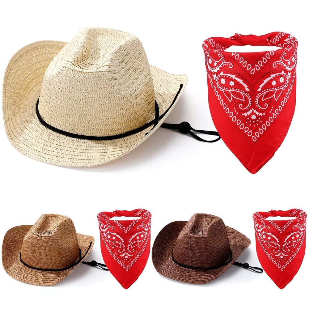 3815 Cowboy Hats Set of 3 with Red Bandanas - Classic Western Cowboy Party
